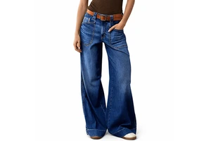European American Women's Slimming Breathable Casual Mid Waist Straight Washed Denim Pants For Winter & Summer
