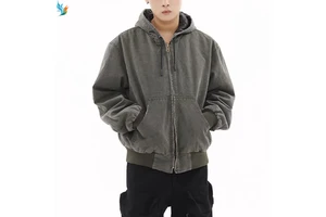 Heavyweight Oversize Streetwear Double Layer Zip Up Vintage Acid Washed Jacket For Men