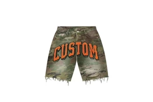 Custom High Street Fashion Men's Jean Shorts Elastic Waist Breathable Distressed Denim Camo Shorts for Summer Featuring Mid Logo