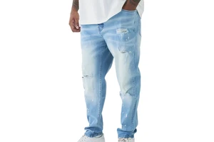 Custom Men's Plus Size Oversized Baggy Sun Fade Washed Distressed Denim Jeans Patch Straight Loose Fit Wide Leg Street Style