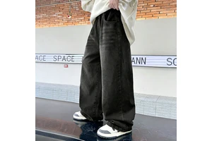 Retro Tween Boys Black Washed Jeans Elastic Waist Wide Leg Denim Pants Fashion Street Style Trousers With Pockets Personalized