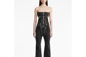 Sexy Summer Women's Denim Suit Contrasting Color Splicing Tube Top Three-dimensional Split Double Zipper Stretch Washed Denim