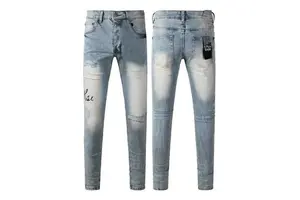 Custom Printed Slim Fit Ripped Jeans Mens Denim Clothing High Quality Streetwear Distressed Manufacturing Supply Factory Trade