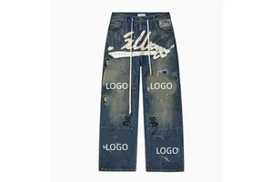 High Quality Men's Patchwork Jeans Embroidered Patches Denim Pants Valley Text Streetwear Hip Hop Baggy Jean Pants For Men