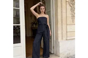 2026 Summer Casual Eco-Friendly French Navy Blue Strapless Cowboy Denim Two-Piece Set for Women with High Waist Wide Leg Pants