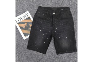 High Distressed Rhinestone Denim Shorts Gradient Printed Design PU Streetwear Denim Distressed Shorts