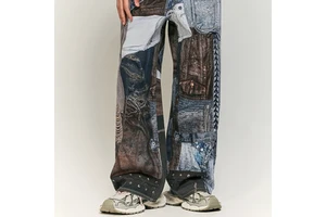 High Quality Men's Vintage Patchwork Design Patch Embroidery Metal Chain Denim Straight-leg Knitted Light Wash Jeans