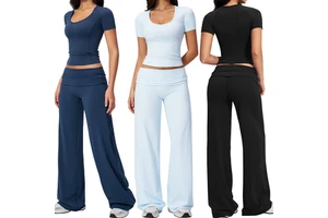 TZ5558-4 dimensional Struactural Line U Neck Short Sleeve Top Folded Waistband Beauty Hip Wide Leg Pants Causal Yoga Wear Set