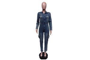 New Denim Pocket Overalls Fashion Stretch Pocket Wash Denim Jumpsuit Long Sleeve Zip up Denim Jumpsuit Women