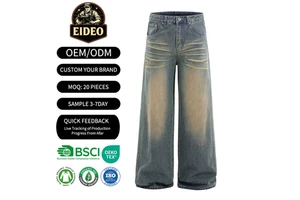 EIDEO OEM ODM Custom Eco High Street Vintage Mid Waist Washed Distressed Denim Pants Wide-leg Casual Straight Long Men's Jeans