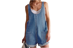 Women's Vintage Style Sleeveless Denim Jumpsuit High Waist Romper Adjustable Shoulder Strap Pocket Shorts Sexy Overalls for