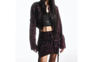Manufacturer OEM Customized Female Black Purple Acid Washed Jean Jacket Suit Top With Pockets Denim Jacket Skirt Set for Women