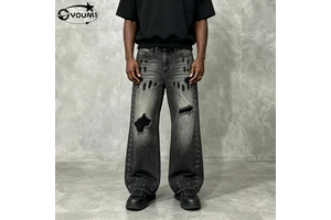 Designer Custom Logo Streetwear Denim Pants Straight Leg Crease Acid Wash All Diamonds Rhinestone Pearls Jeans for Men