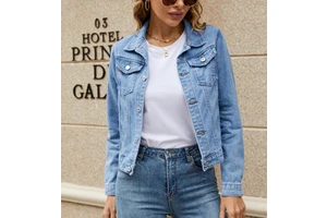Women's Fashion Slim Denim Jacket with Flip Collar Solid Color Casual Long Sleeve Fit Jean Jacket Coat with Pockets for Autumn