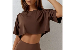New Summer Solid Color Round Neck Short Sleeve Casual Gym Sport Short Crop Top 100% Cotton T-shirt Yoga Top for Women