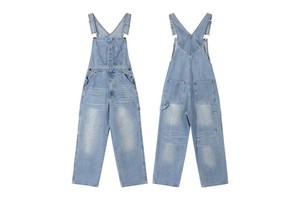 Vintage Sport Style Summer Casual Women's Denim Overalls High Waist Multi-pocket Design Webbing Details 100% Cotton Light Blue