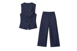 2025 Summer New Women's Commuter Slim-Fit All-Match Buckle Vest Loose Denim Pants Suit Casual Style Button Cross-Border Source