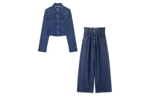 Cropped Jacket And Jeans Set Women Denim Set Shirt Trousers 2 Piece Casual