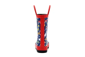 Navy All Over Cartoon Puppy Children Rubber Rain Boots Non Slip Thick Sole Dual Hand Pull Loops Soft Light Toddler Wellies