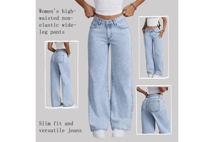 YQ High Quality Women's Denim Jeans Blue Color Casual Street Wear Stylish Wide Leg Leopard Print Utility Hole Detail