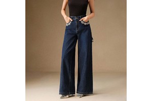 Custom Rhinestone Women's Jeans Dark Blue Embellished High Waist Ladies Denim Pants Wide Leg Streetwear
