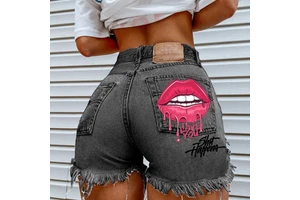 Womens Light Blue Denim Shorts Red Pink Lips Print Distressed Frayed Hem High Waist Casual Daily for Bulk Wholesale Summer Wear