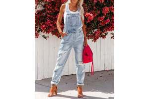 Fashionable Women's Baggy Ripped Long Jean Jumpsuit Casual Loose Light Blue Denim Overalls