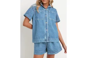Custom Summer Denim Set for Women 2 Piece Short Sleeve Boxy Shirt Tops and Shorts Pants Lounge Sets Outfits Woman Jeans Suit