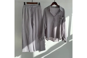 Women's 2-piece Set Retro Casual Plus Size Cotton Shirt and Long Pants Suits Elastic High Waist Straight Loose Trousers Suits