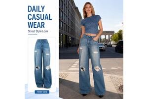 Glamorous Distressed Women's Jeans Trendy High Waist Wide Leg Denim Pants