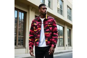 Oversized Vintage Men's OEM Service Red Pink Yellow Black Camo Custom Denim Work Jacket Men Camo Bomber Jeans Jacket for Men