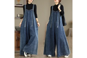 Spring Summer Autumn Elongated Jumpsuits Retro Loose Solid Casual Washed Denim Bibs With Button Plus Size