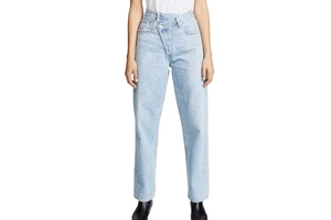 Latest Design Women Fashionable Straight Denim Pants Cross Waist Boy Friend Style Non Stretch Denim Trousers