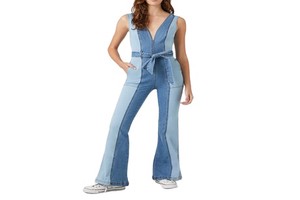 Custom Wholesale Fashion Women Denim Color-block Flare Leg Jumpsuit V Neck Sleeveless Jumpsuits Overall Rompers With Belt