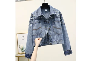 Autumn Fashion Women's Casual Punk Jean Denim Jacket Wholesale Supply with Pearl Beaded Classic Stand Collar Button Decoration