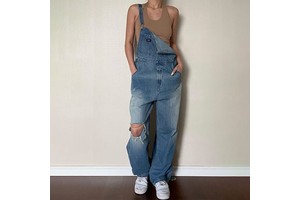 Custom Casual High-Waisted Light Wash Knitted Denim Dungarees Women's Work Overalls 480g Solid Pattern Spring
