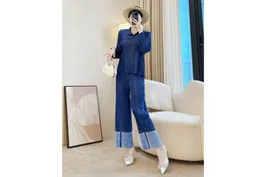 2025 Autumn New Generation High-End Women's Denim Suit Miyake Pleated Two-Piece Straight Pants Loose Fit Casual Weave