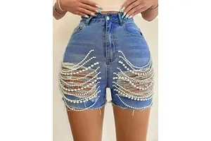 Latest Design Summer Hot Sale Women Pearl Decor With Holes High Waist Women Denim Shorts Jeans