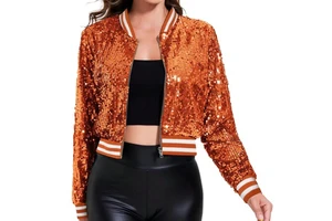 OEM Custom Popular Women's Cropped Full Sequined Jacket With Striped Cuff Neck and Hem Zipper Up Shiny Jacket Coat For Woman