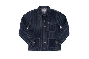 Men's Vintage Striped Denim Work Jacket Retro Wabash Stripe Chore Coat Casual Long Sleeve Button up