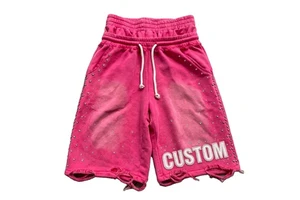 Custom Plus Size Baggy Jogger Rhinestones Rivets Short Men's French Terry Distressed Raw Hem Short Double Waistband Shorts