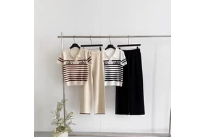 Cross-border 2026 Spring New Korean Casual Striped Loose Turn-down Collar Short Sleeve Knit Top Wide-Leg Pants Two-Piece Set