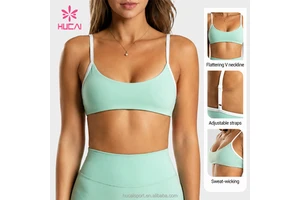 ODM HUCAI Custom Adjustable V Neck Contrast Trim Sports Bra Backless Double Strap Yoga Sports Bra For Gym Pilates All-Day Wear