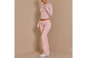 New Fashion Custom Logo Activewear High Waist Trousers Pink Loose Fit Double Layer Fold Over Flared Yoga Pants Women Legging