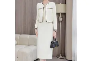 Custom Pure Polyester White Casual Autumn Solid Color Luxury 2 Piece V Neck Button Blazer Tweed Suit Midi Dress Set Women Cheap