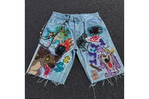 Custom Men's Graffiti Denim Jorts Oversized Baggy Washed Jean Shorts Private Label OEM Low MOQ Streetwear Wholesale Manufacturer