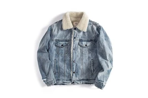 Casual OEM Denim Sherpa Jacket Loose Vintage Padded Faux Lambswool Plus Size With Fur Collar For Spring Season