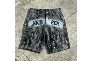 Y2K Grunge Men's Flame Denim Shorts Vintage Washed Rhinestone Streetwear Letter Print Chain Detail Baggy Jean Shorts