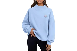 Custom Logo Sky Blue Crewneck Sweaters Oversized Embroidered Mock Neck Sweatshirt Turtleneck Sweatshirts Gym Wear Tops For Women
