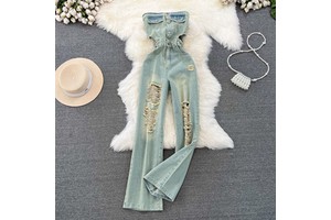 Women's Retro Chest Wipe Waistless Casual High-Waisted Hole Breaking Denim Wide-Leg Pants Jumpsuit Fashion
